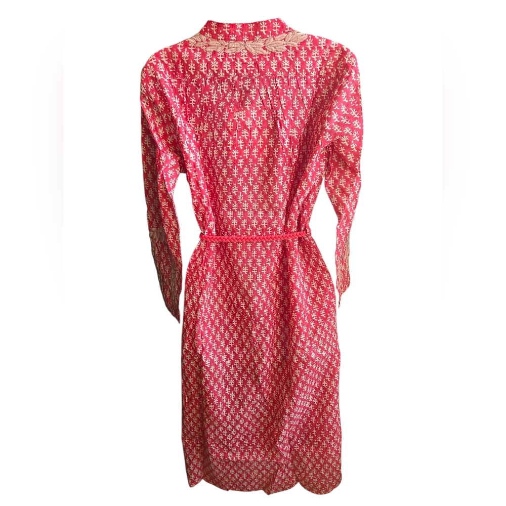 NWT Ex Voto Ivy Caftan Midi Dress Raspberry Block Print Embroidered Belt Size S - Picture 2 of 5